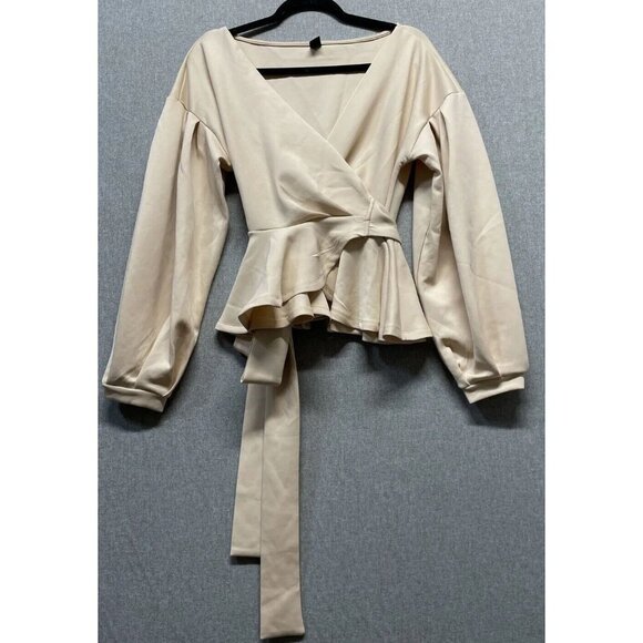 Visit the SheIn Store Tops - Shein Women's Long Sleeve Ruffle Blouse Off Shoulder Sz. Sm Tie Waist Wrap Beige